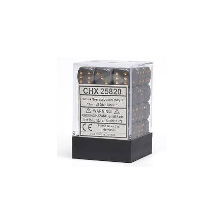 Chessex - D6 Brick 12mm Opaque Dice (36) - Dark Grey / Copper