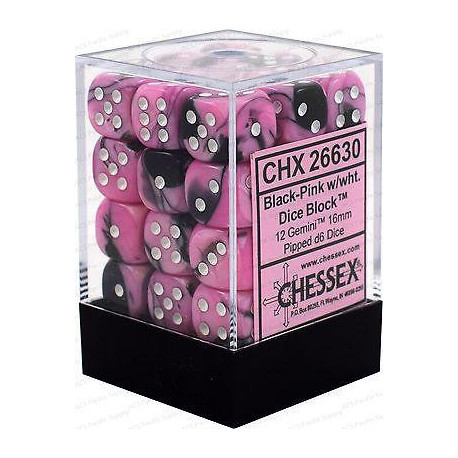Chessex D6 Brick 12mm Gemini Dice (36) - Black-Pink / White
