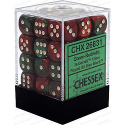 Chessex - D6 Brick 12mm Gemini Dice (36) - Green-Red / White