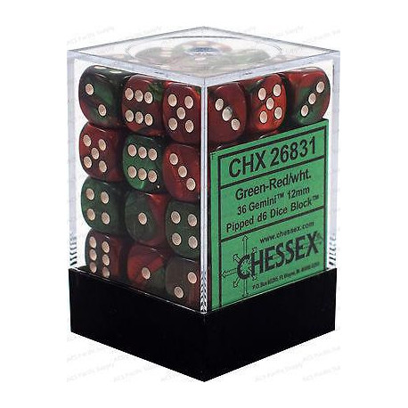 Chessex D6 Brick 12mm Gemini Dice (36) - Green-Red / White