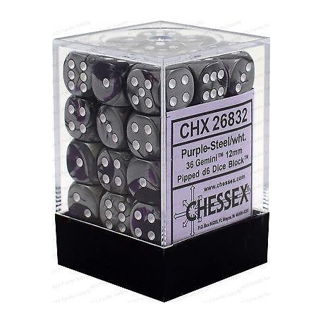 Chessex D6 Brick 12mm Gemini Dice (36) - Purple-Steel / White
