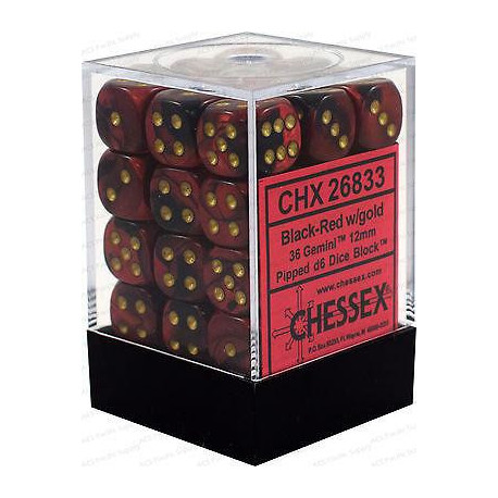 Chessex D6 Brick 12mm Gemini Dice (36) - Black-Red / Gold