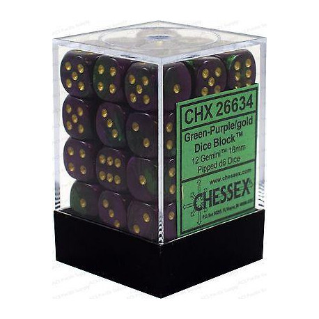 Chessex D6 Brick 12mm Gemini Dice (36) - Green-Purple / Gold