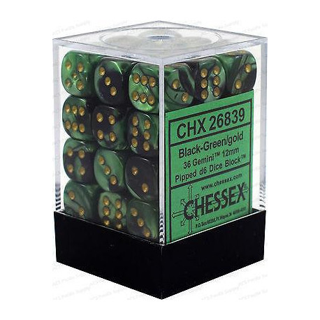 Chessex D6 Brick 12mm Gemini Dice (36) - Black-Green / Gold