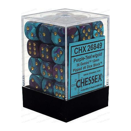 Chessex D6 Brick 12mm Gemini Dice (36) - Purple-Teal / Gold