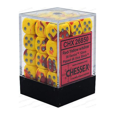 Chessex D6 Brick 12mm Gemini Dice (36) - Red-Yellow / Silver