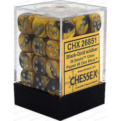 Chessex - D6 Brick 12mm Gemini Dice (36) - Black-Gold / Silver