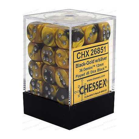 Chessex D6 Brick 12mm Gemini Dice (36) - Black-Gold / Silver