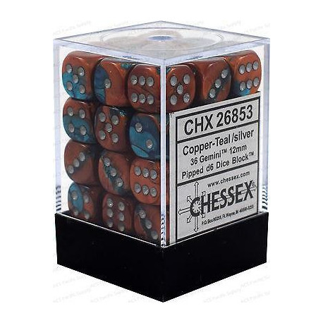 Chessex D6 Brick 12mm Gemini Dice (36) - Copper-Teal / Silver