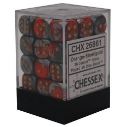 Chessex - D6 Brick 12mm Gemini Dice (36) - Orange-Steel / Gold