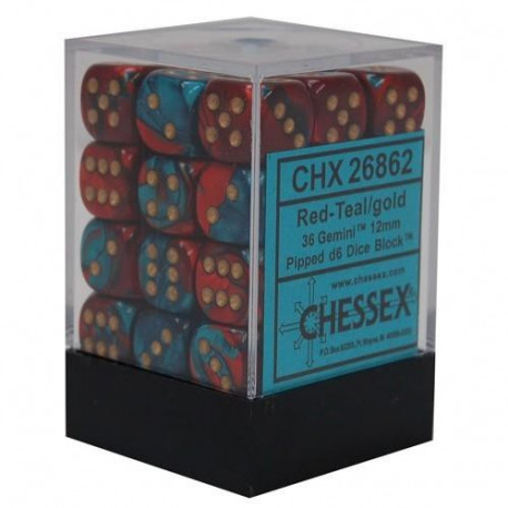 Chessex D6 Brick 12mm Gemini Dice (36) - Red-Teal / Gold